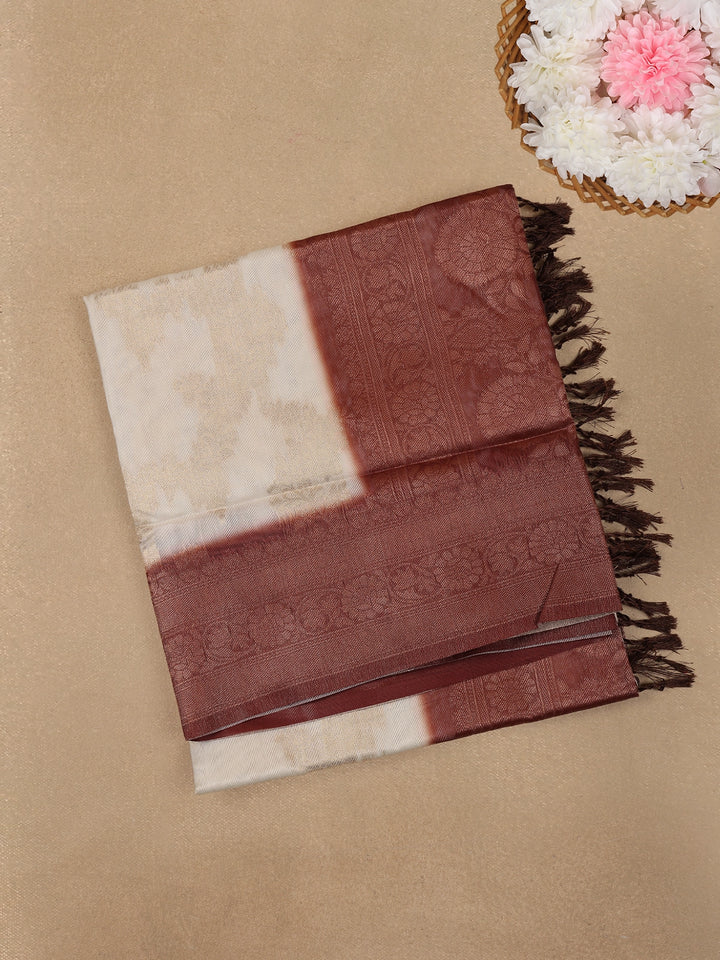 Ivory White with Brown Shaded Border Fancy Kerala Silk Saree - Diadem