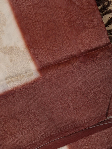 Ivory White with Brown Shaded Border Fancy Kerala Silk Saree - Diadem
