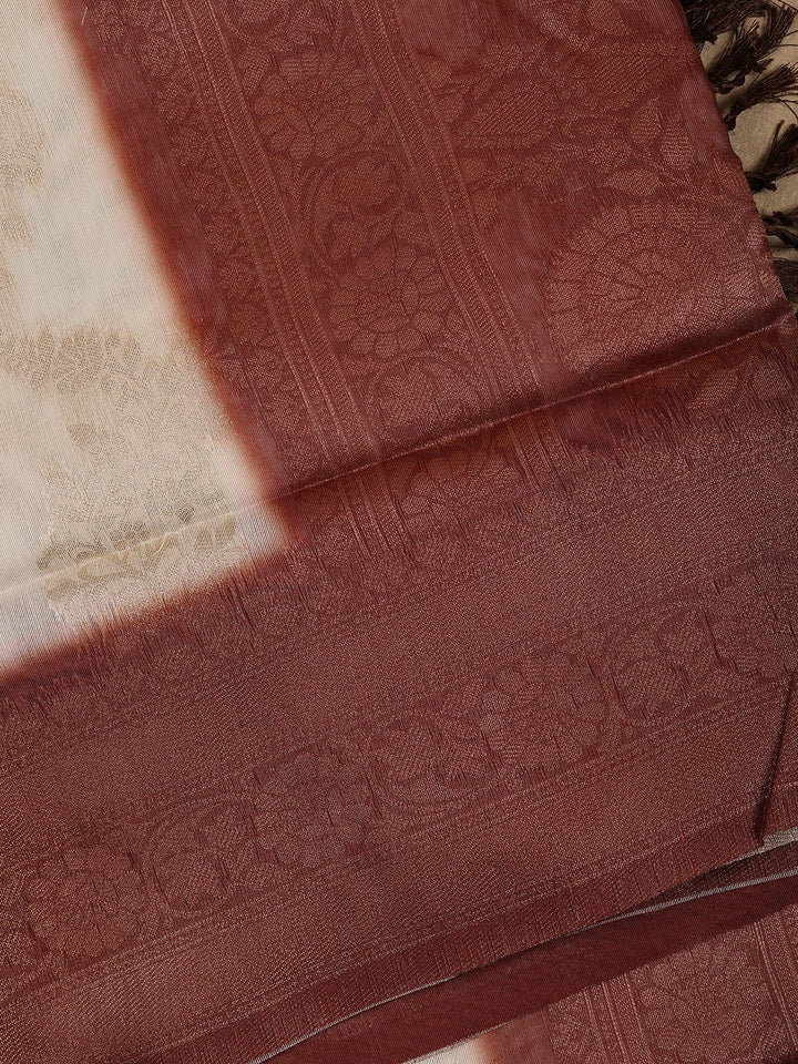 Ivory White with Brown Shaded Border Fancy Kerala Silk Saree - Diadem
