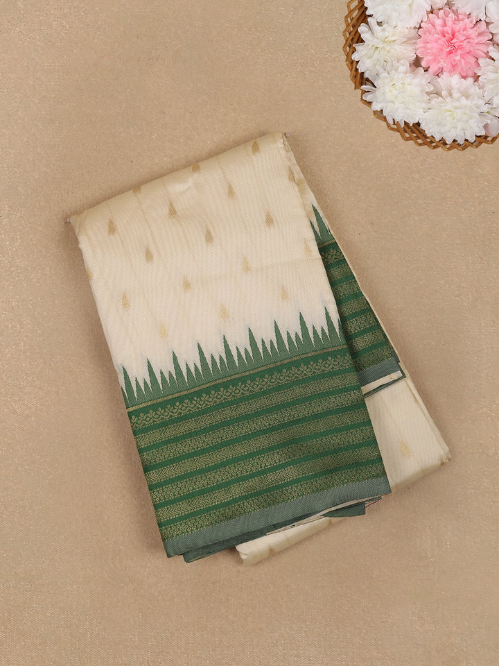 Ivory White with Green Zari Border Fancy Kerala Cotton Saree - Diadem