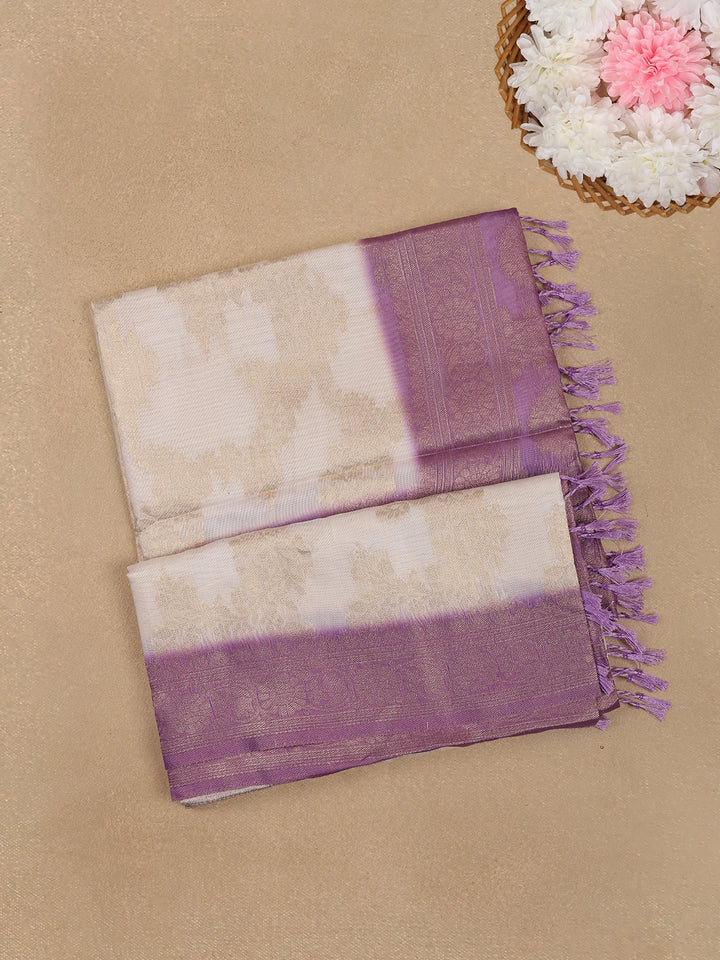 Ivory White with Lavender Shaded Border Fancy Silk Saree - Diadem