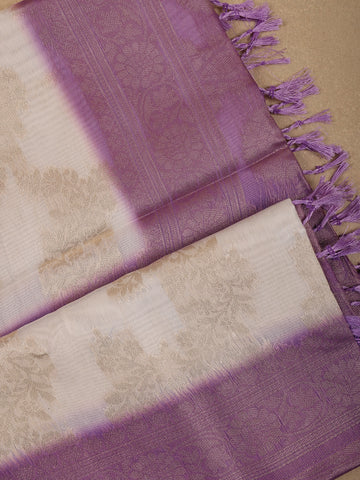 Ivory White with Lavender Shaded Border Fancy Silk Saree - Diadem