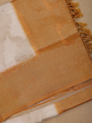 Ivory White with Orange Shaded Border Fancy Kerala Silk Saree - Diadem