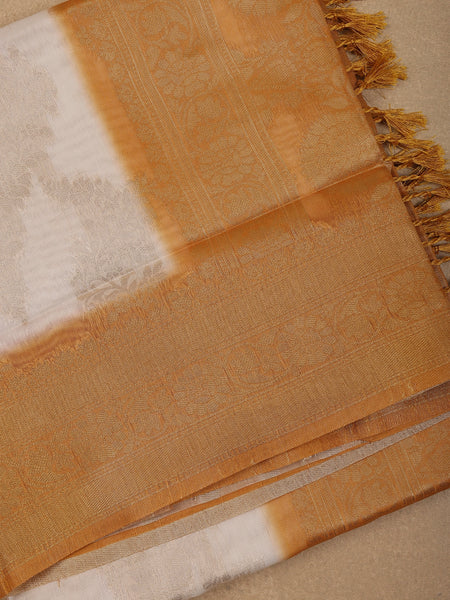 Ivory White with Orange Shaded Border Fancy Kerala Silk Saree - Diadem