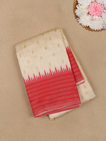 Ivory White with Red Zari Border Fancy Kerala Cotton Saree - Diadem