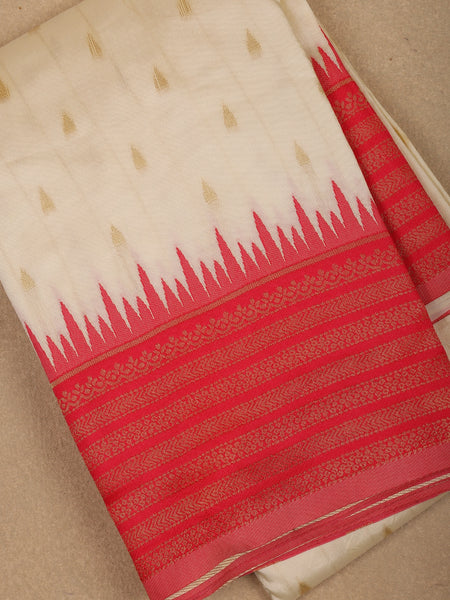 Ivory White with Red Zari Border Fancy Kerala Cotton Saree - Diadem