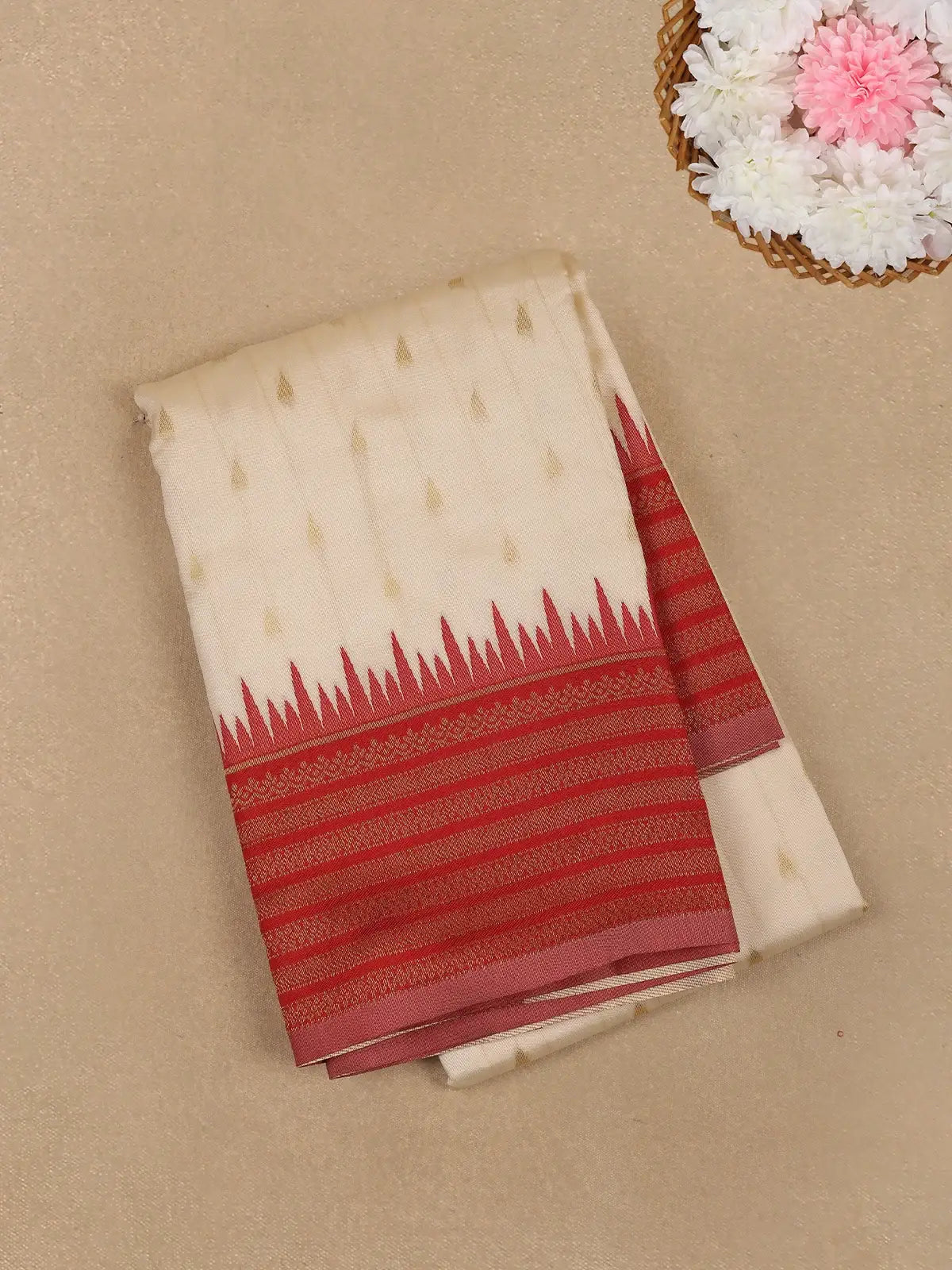 Ivory White with Red Zari Border Fancy Kerala Cotton Saree - Diadem