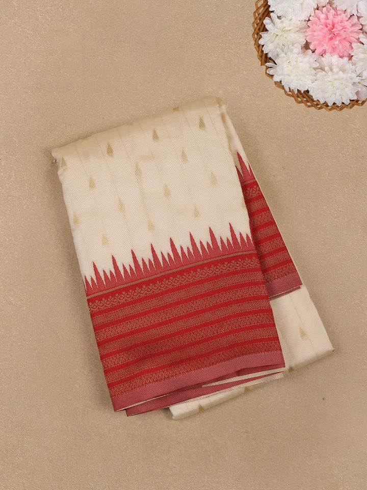Ivory White with Red Zari Border Fancy Kerala Cotton Saree - Diadem