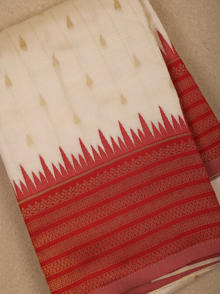 Ivory White with Red Zari Border Fancy Kerala Cotton Saree - Diadem