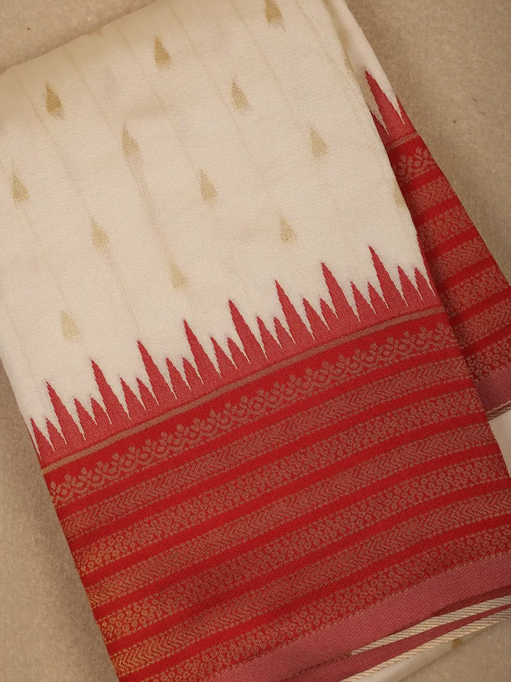 Ivory White with Red Zari Border Fancy Kerala Cotton Saree - Diadem