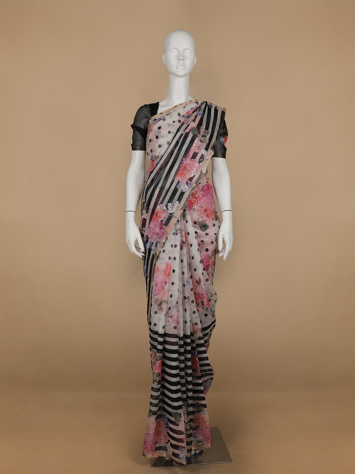 Ivory with Black Stripes and Floral Printed Organza Designer Saree