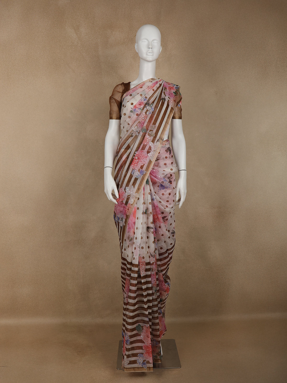 Ivory with Dark Mustard Stripes and Floral Printed Organza Designer Saree - Diadem