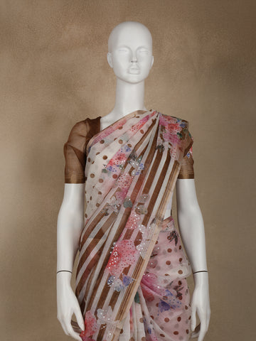 Ivory with Dark Mustard Stripes and Floral Printed Organza Designer Saree - Diadem