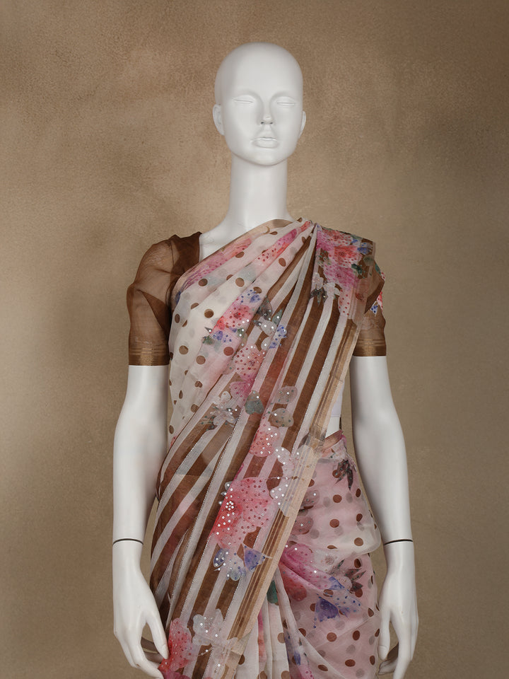Ivory with Dark Mustard Stripes and Floral Printed Organza Designer Saree - Diadem