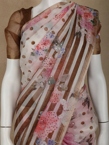 Ivory with Dark Mustard Stripes and Floral Printed Organza Designer Saree - Diadem