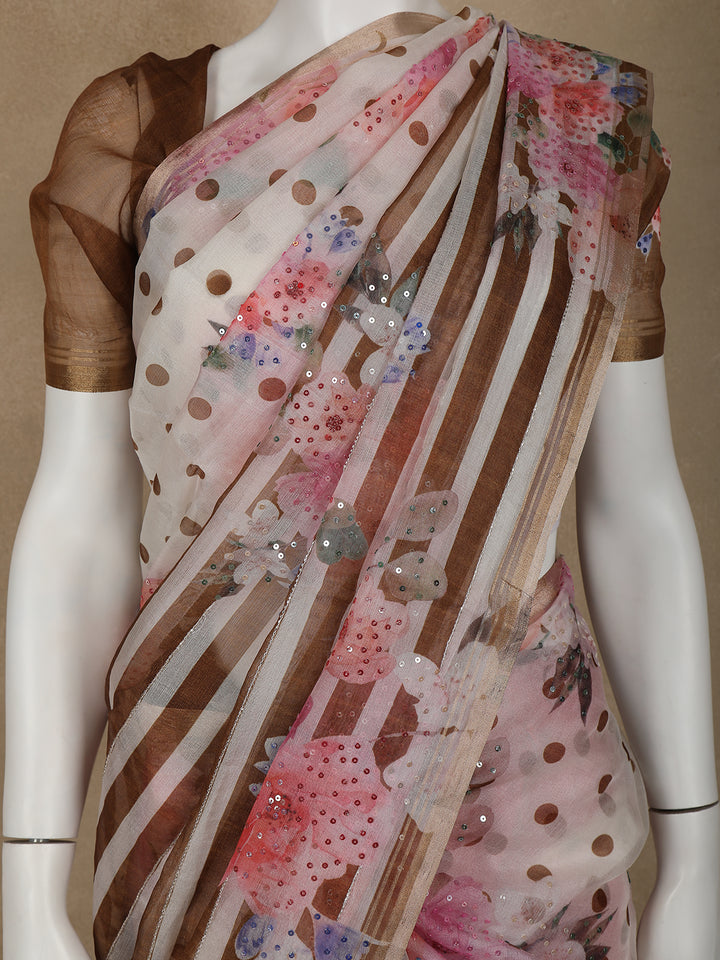 Ivory with Dark Mustard Stripes and Floral Printed Organza Designer Saree - Diadem