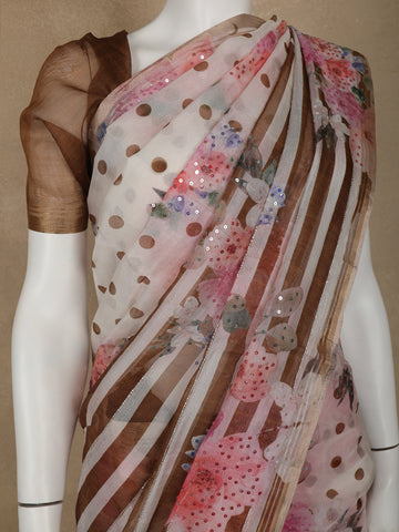 Ivory with Dark Mustard Stripes and Floral Printed Organza Designer Saree - Diadem