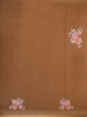 Ivory with Dark Mustard Stripes and Floral Printed Organza Designer Saree - Diadem