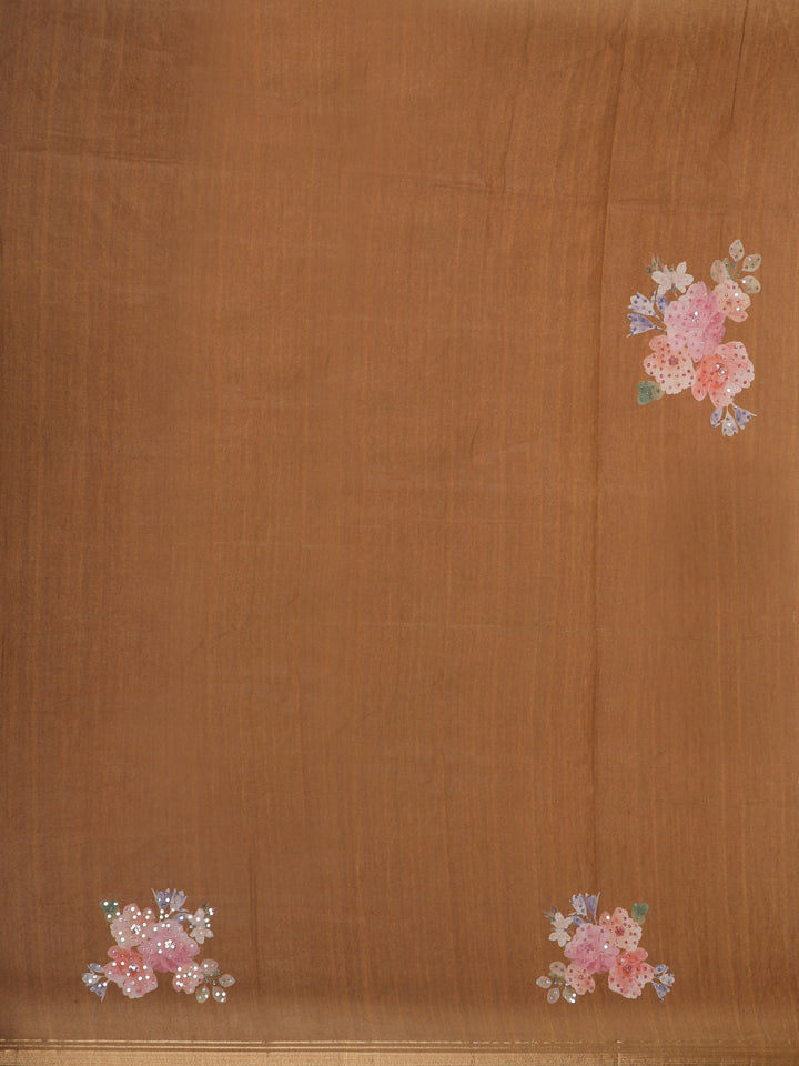 Ivory with Dark Mustard Stripes and Floral Printed Organza Designer Saree - Diadem