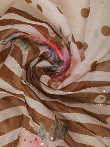 Ivory with Dark Mustard Stripes and Floral Printed Organza Designer Saree - Diadem
