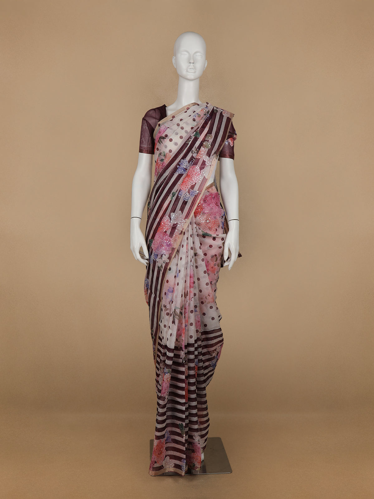 Ivory with Marron Stripes and Floral Printed Organza Designer Saree - Diadem