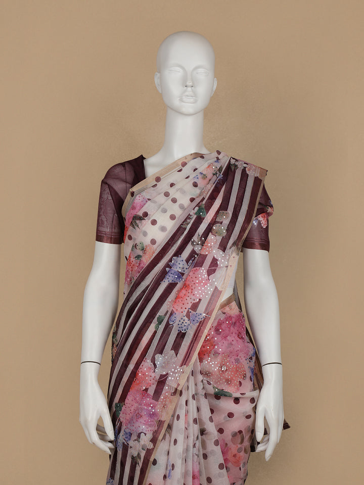 Ivory with Marron Stripes and Floral Printed Organza Designer Saree - Diadem