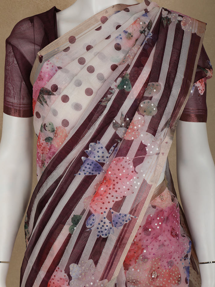 Ivory with Marron Stripes and Floral Printed Organza Designer Saree - Diadem