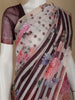 Ivory with Marron Stripes and Floral Printed Organza Designer Saree - Diadem
