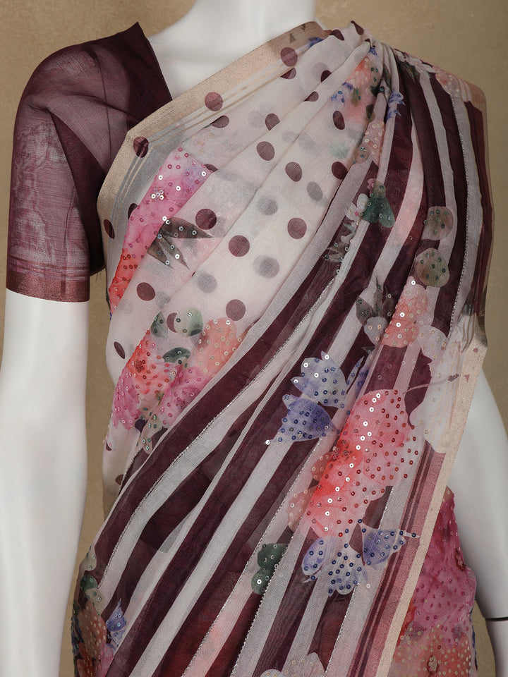 Ivory with Marron Stripes and Floral Printed Organza Designer Saree - Diadem