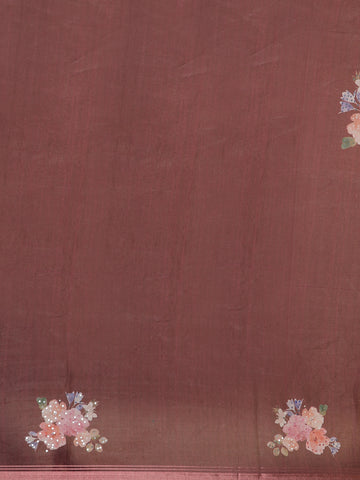 Ivory with Marron Stripes and Floral Printed Organza Designer Saree - Diadem