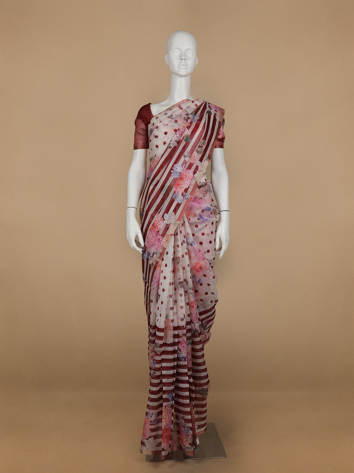 Ivory with Red Stripes and Floral Printed Organza Designer Saree - Diadem