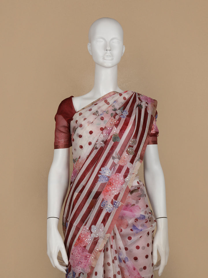 Ivory with Red Stripes and Floral Printed Organza Designer Saree - Diadem