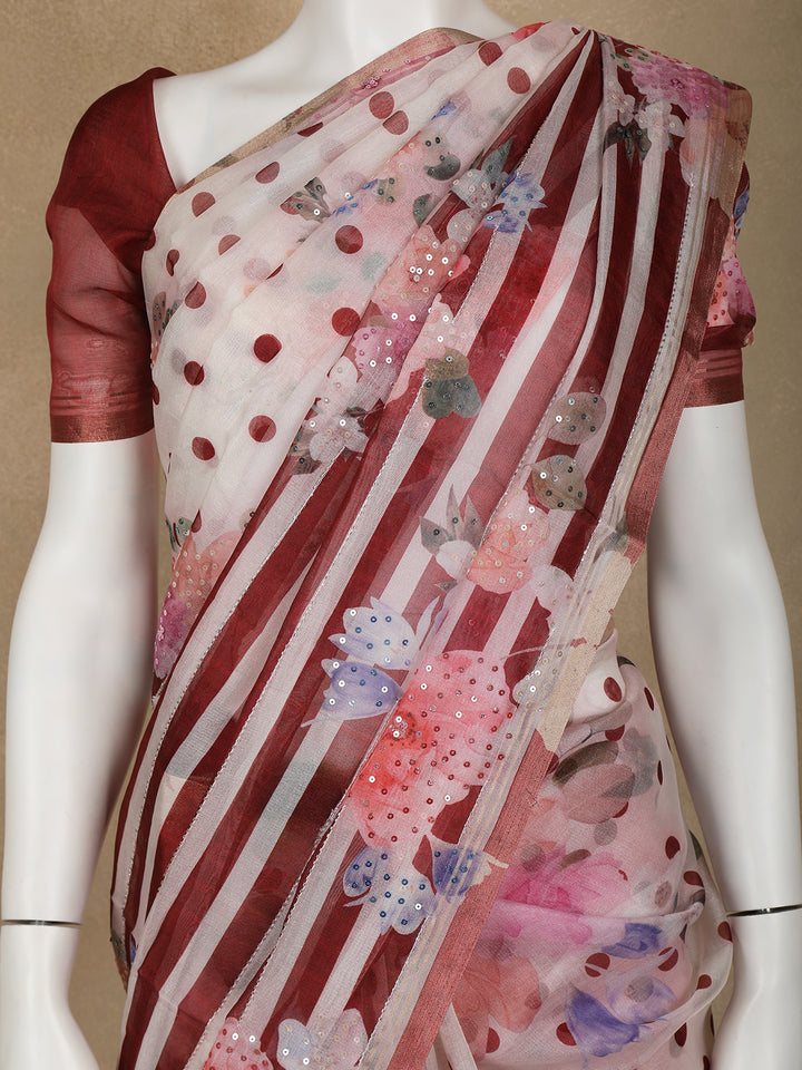 Ivory with Red Stripes and Floral Printed Organza Designer Saree - Diadem