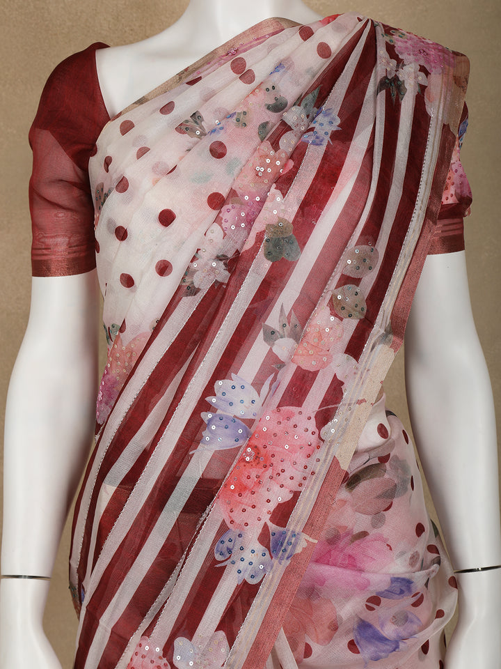 Ivory with Red Stripes and Floral Printed Organza Designer Saree - Diadem