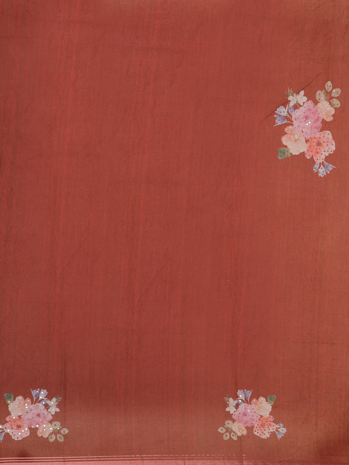 Ivory with Red Stripes and Floral Printed Organza Designer Saree - Diadem