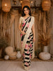 Ivory and Black Striped Floral Printed Chiffon Saree with Scallop Lace Edge Border