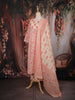 Ivory and Coral Pink Floral Printed Cotton Salwar Suit with Dupatta