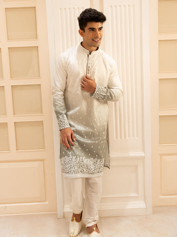 Ivory to Sage Green Ombre Embroidered Cotton Kurta For Men - Diadem