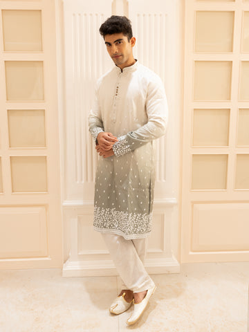 Ivory to Sage Green Ombre Embroidered Cotton Kurta For Men - Diadem
