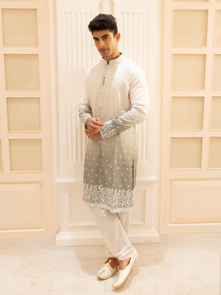 Ivory to Sage Green Ombre Embroidered Cotton Kurta For Men - Diadem