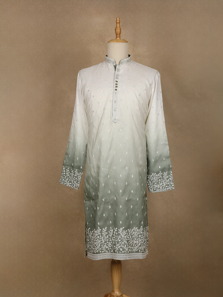 Ivory to Sage Green Ombre Embroidered Cotton Kurta For Men - Diadem