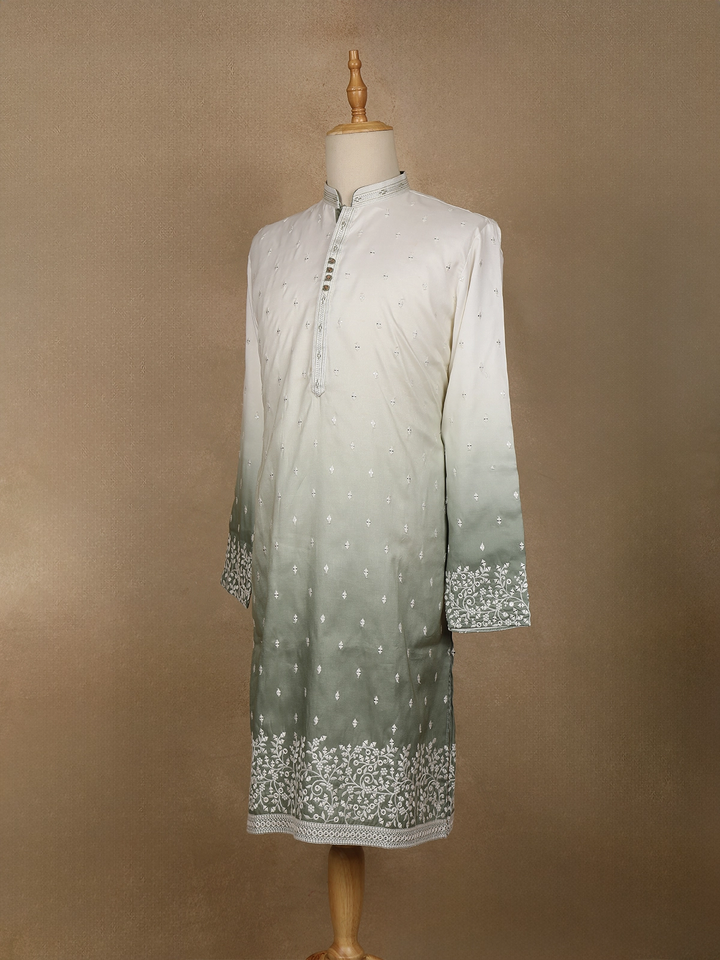 Ivory to Sage Green Ombre Embroidered Cotton Kurta For Men - Diadem