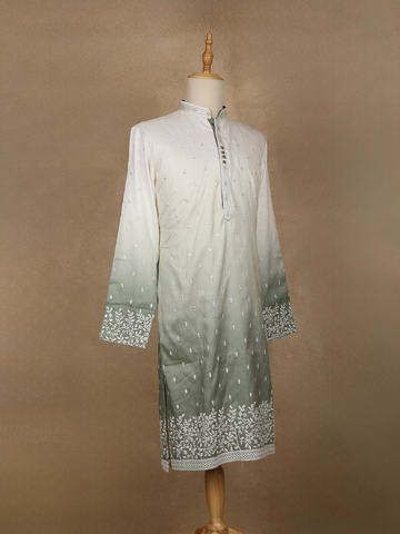 Ivory to Sage Green Ombre Embroidered Cotton Kurta For Men - Diadem