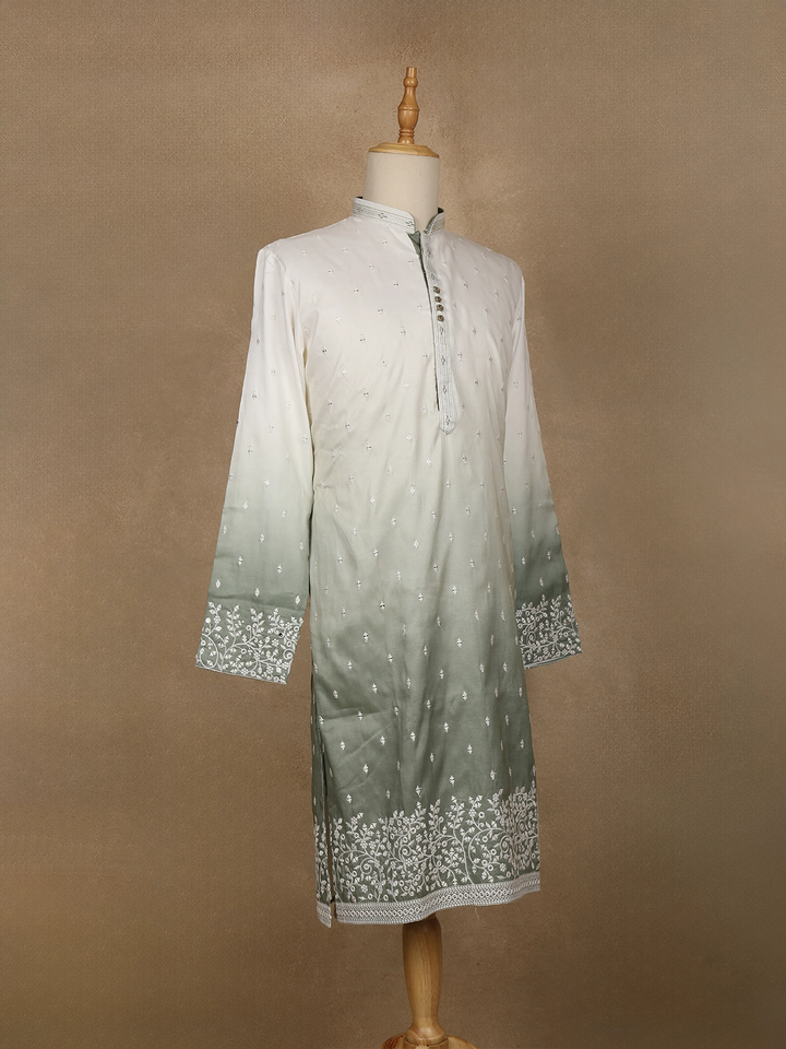 Ivory to Sage Green Ombre Embroidered Cotton Kurta For Men - Diadem