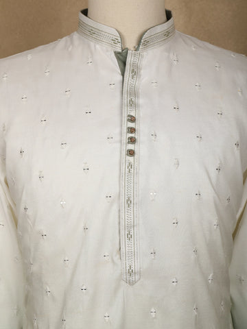 Ivory to Sage Green Ombre Embroidered Cotton Kurta For Men - Diadem
