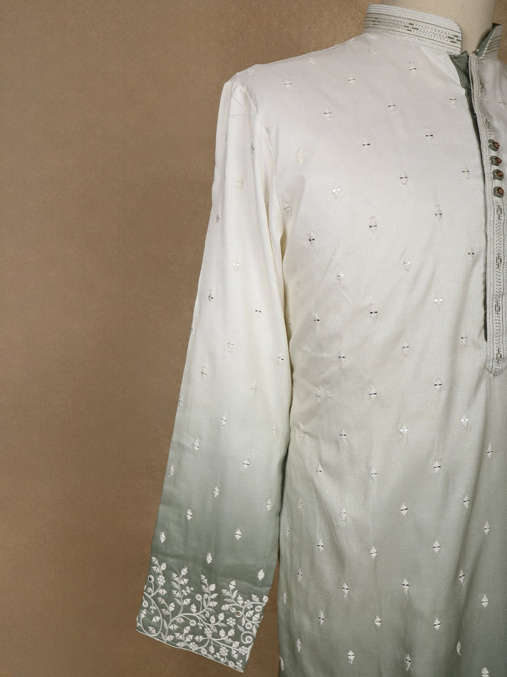 Ivory to Sage Green Ombre Embroidered Cotton Kurta For Men - Diadem