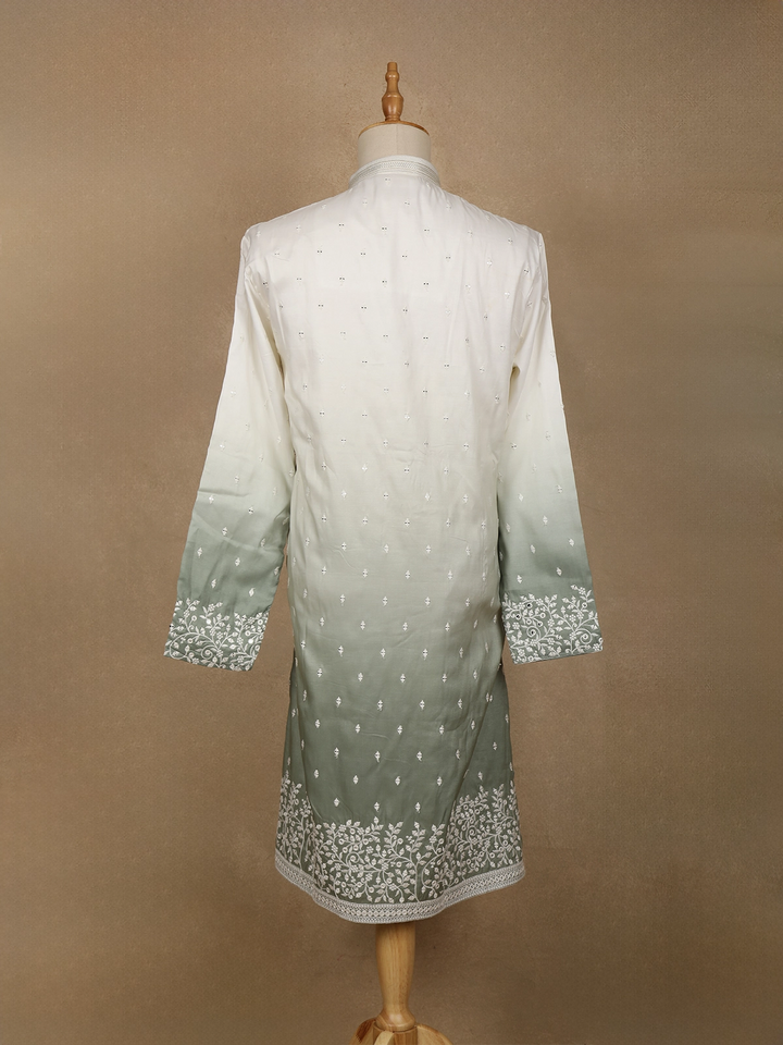 Ivory to Sage Green Ombre Embroidered Cotton Kurta For Men - Diadem