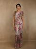 Ivory with Dark Mustard Stripes and Floral Printed Organza Designer Saree