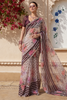 Ivory with Marron Stripes and Floral Printed Organza Designer Saree