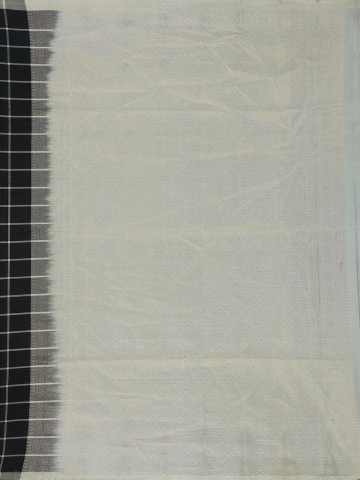 Jet Black and Silver Checked Woven Soft Silk Saree - Diadem